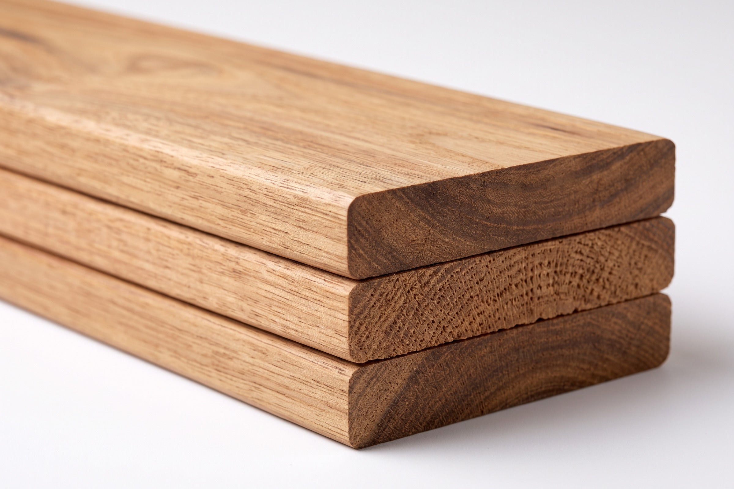 Jambu Mixed hardwood decking, end grain and edge detail, studio product illustration. Representative image - colour and grain vary between boards.