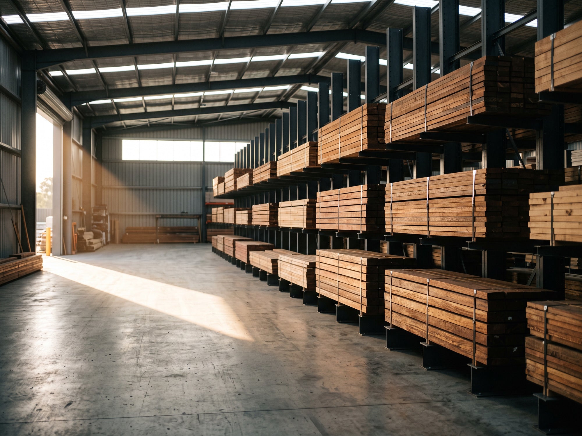 Representative image: strapped packs of dressed timber on cantilever racking in a timber merchant warehouse, warm afternoon light. Illustrative only - not the Sydney Timber Supply premises.