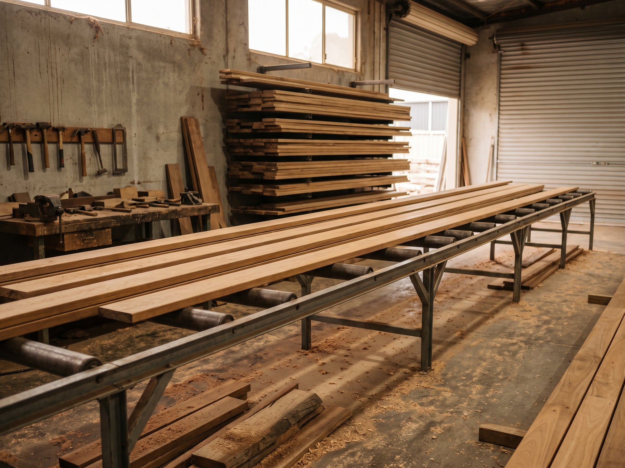 Representative image: an Australian timber workshop with dressed hardwood boards on roller trestles being prepared. Illustrative only - not the Sydney Timber Supply premises.