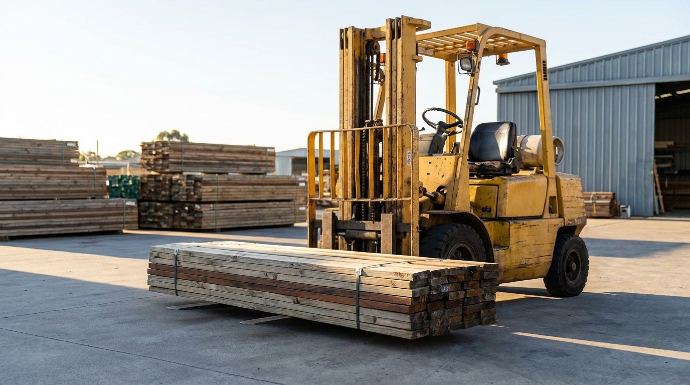 Illustrative image: forklift with a strapped pack of timber in a timber yard