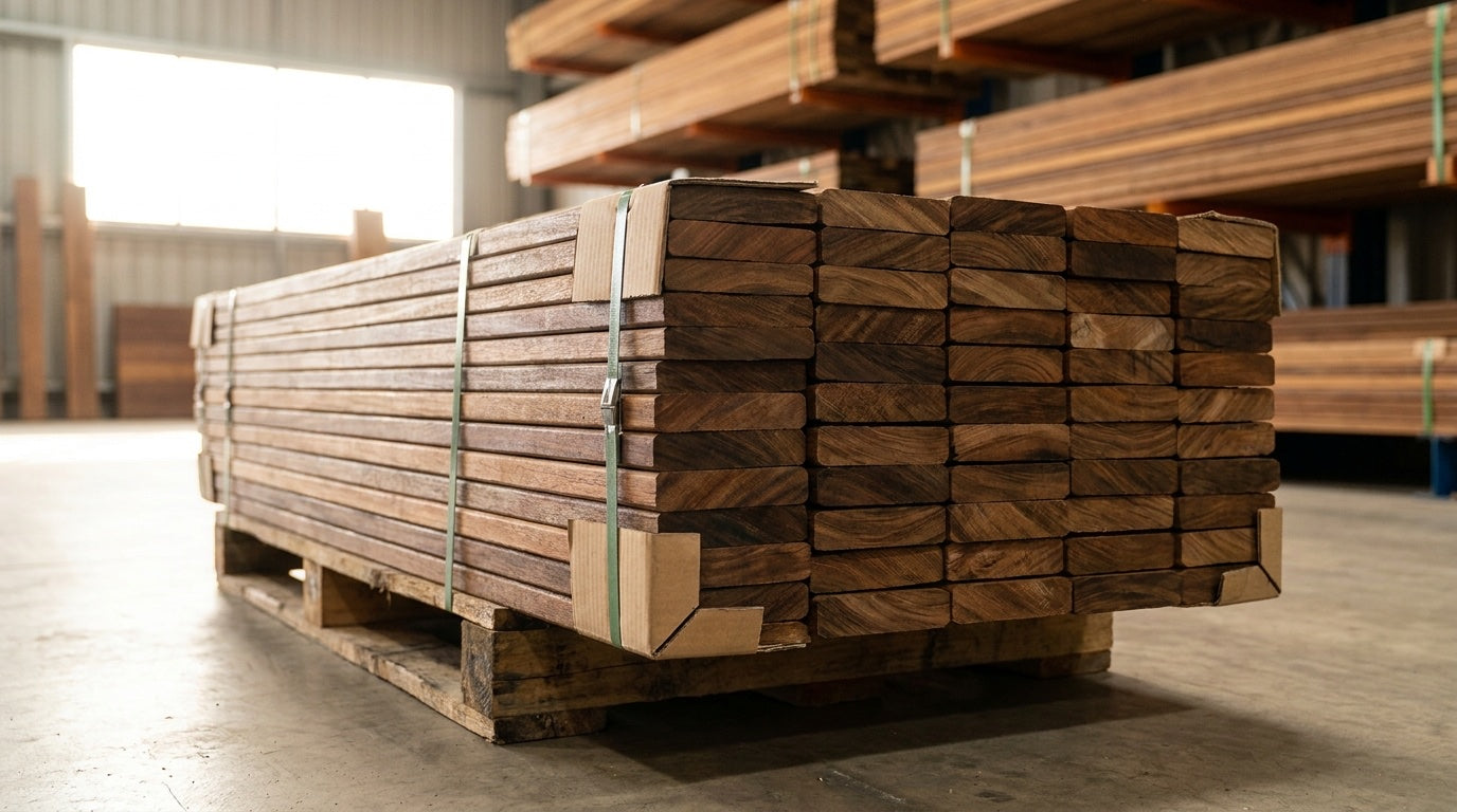 Illustrative image: strapped pack of hardwood decking boards on a pallet ready for dispatch