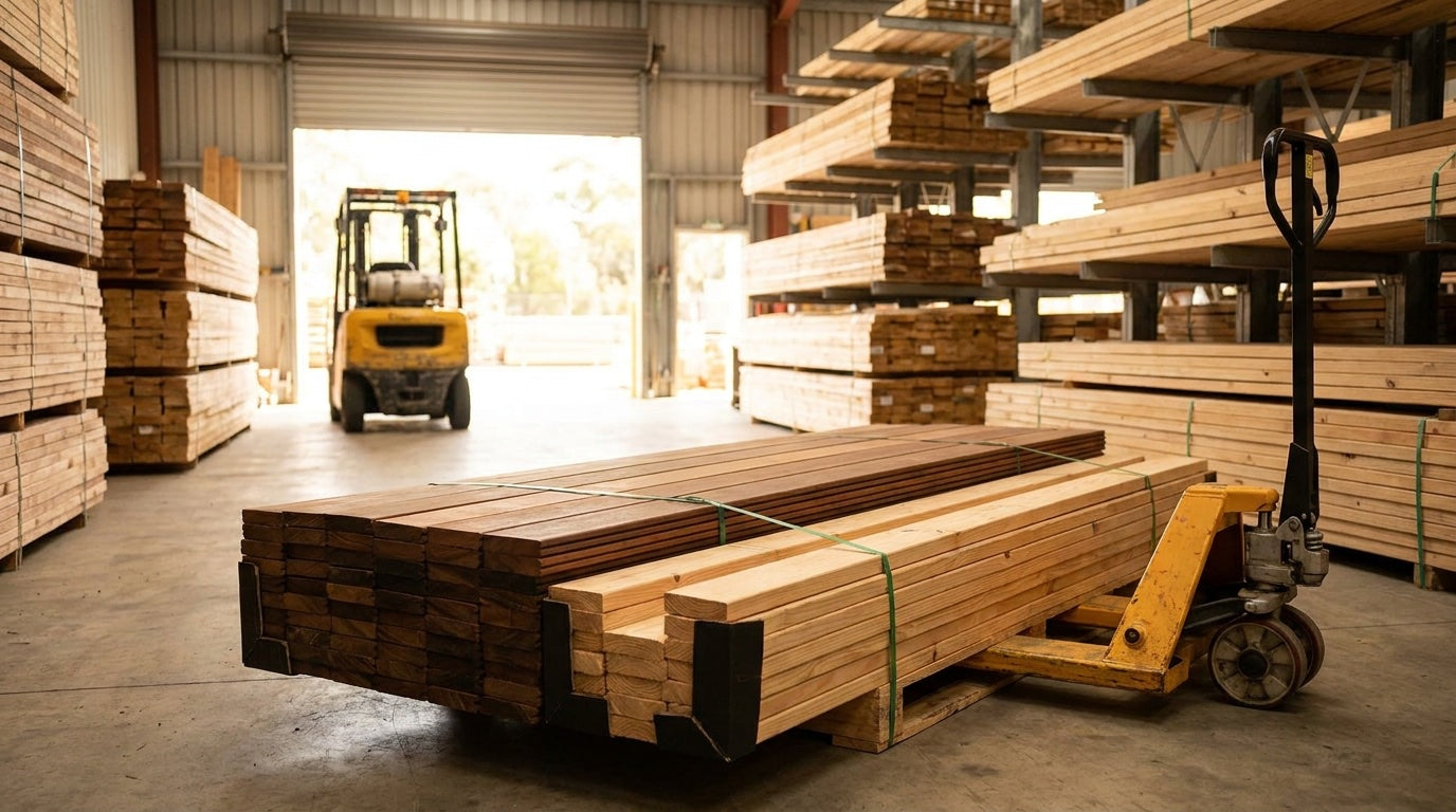 Illustrative image: banded timber order on a pallet being prepared for delivery in a warehouse
