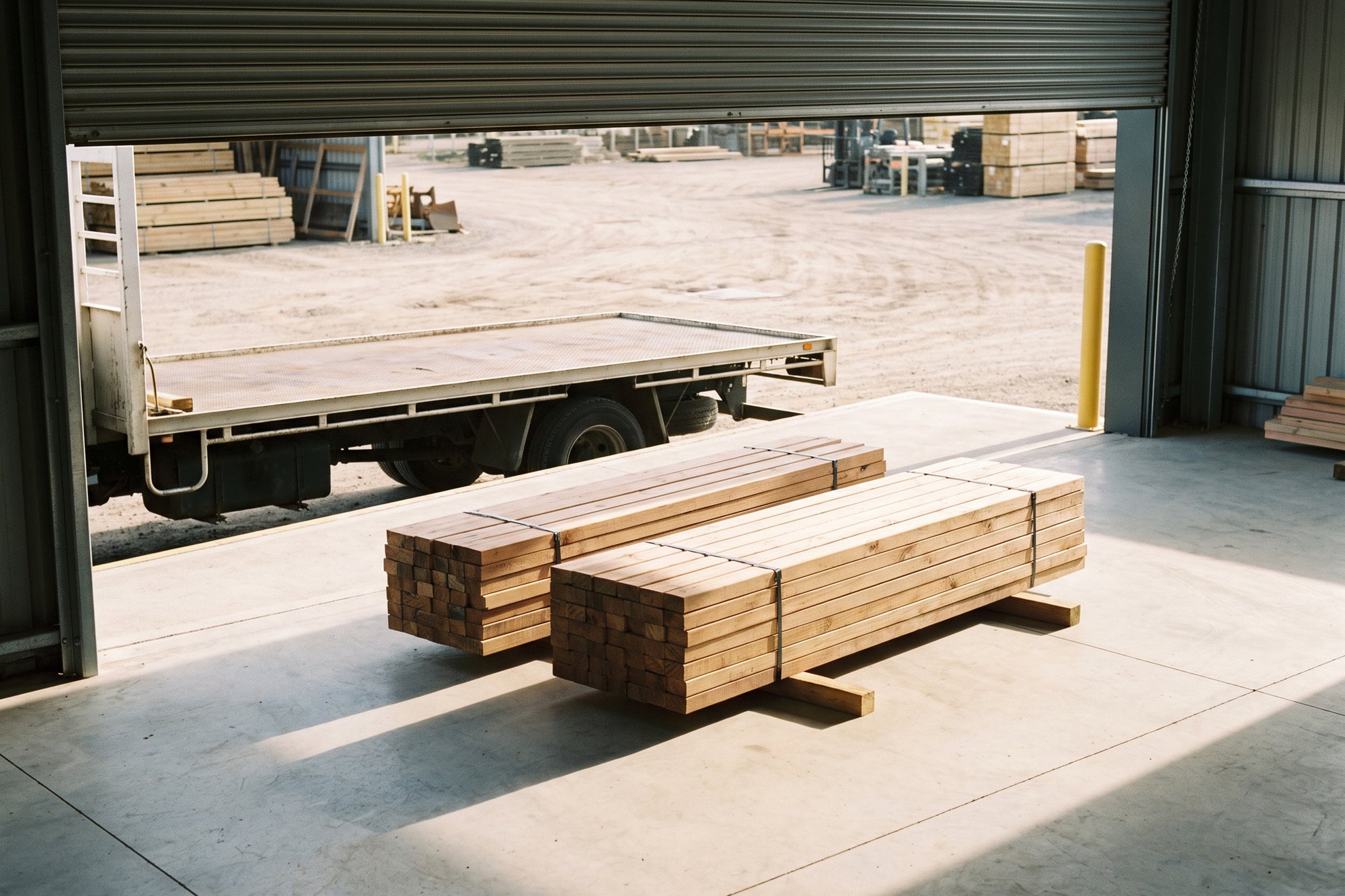 Representative image: strapped packs of timber staged beside a flat delivery trailer at a timber yard. Illustrative only - not the Sydney Timber Supply premises.