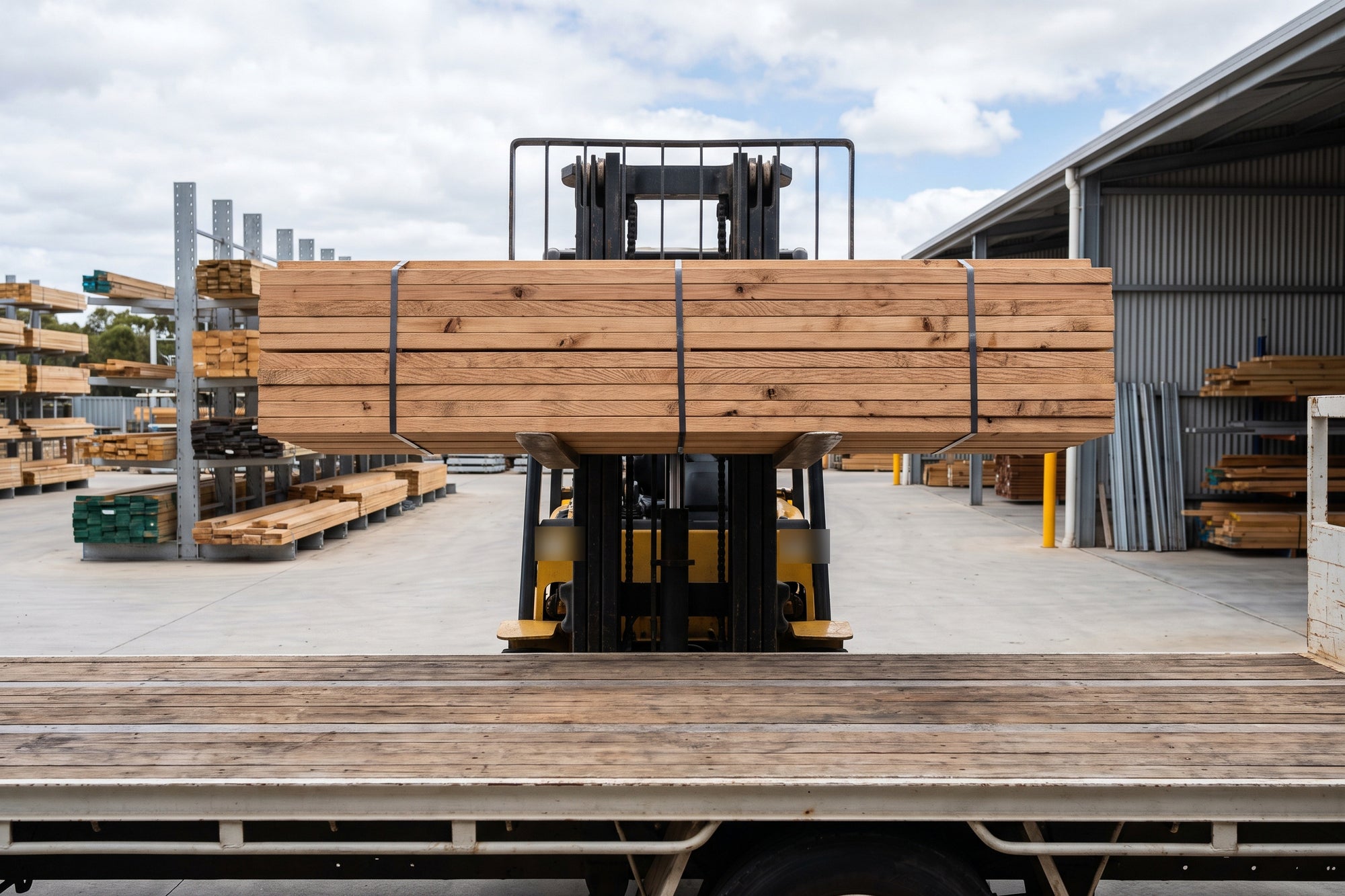 Representative image: a forklift carrying a strapped pack of structural pine at a timber yard. Illustrative only - not the Sydney Timber Supply premises.