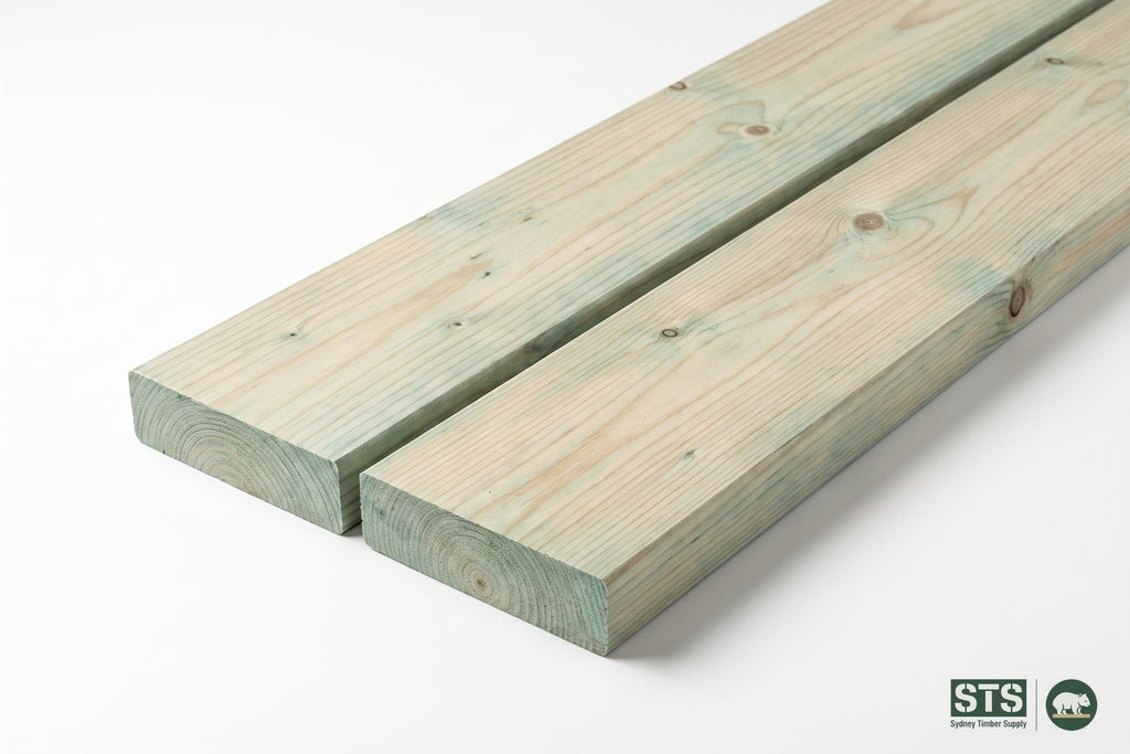 Treated pine framing boards, 140 x 45 mm profile, studio product illustration. Representative image - not a photograph of the exact listed profile size.