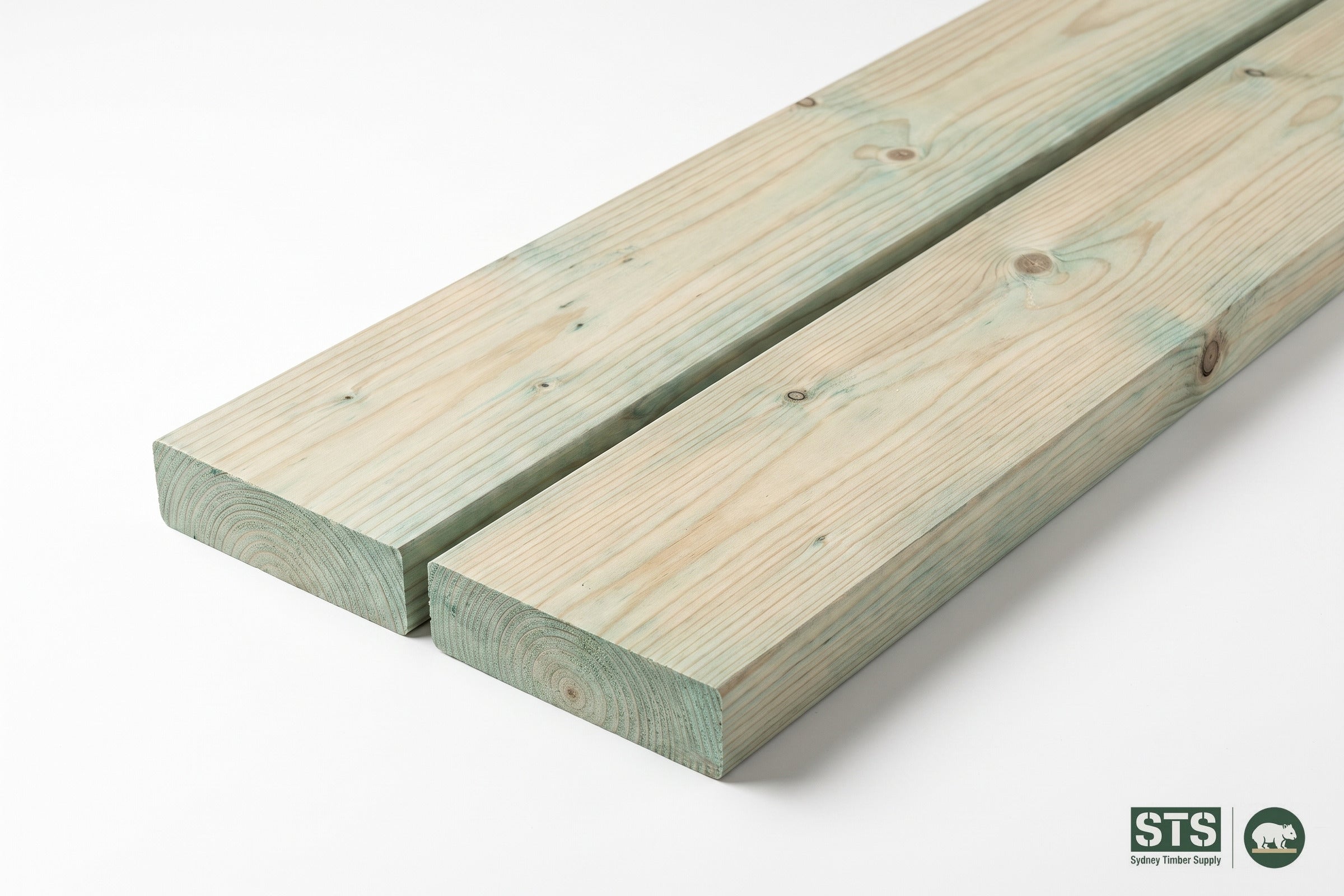 Treated pine framing boards, 140 x 45 mm profile, studio product illustration. Representative image - not a photograph of the exact listed profile size.